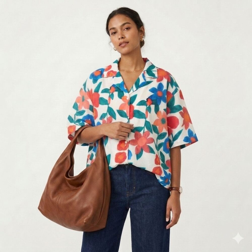 Women's Floral Blouse Large Flowy Button Lightweight Comfort Boxy Colorful Y2k